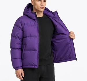 Blouson matelassé à capuche pour homme, violet, en polaire, couleur unie, rembourré en coton, coupe-vent, fermeture éclair, décontracté, pour l'hiver, coupe classique, devant - Product Image 2