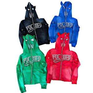 Sweat à capuche zippé pour homme 2026, orné de strass, poids lourd |   Veste d'hiver à motif lettres |   Collier en strass Streetwear OEM - Product Image 1