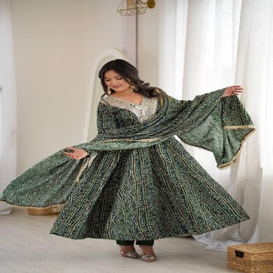 Indian Designer Dark <b>Green</b> Georgette Bandhani Print Anarkali Kurti Suit Set Heavy Mirror Work Neck Long Flare Gown Dupatta Pant - Product Image 1