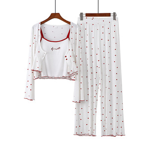 Conjunto de Pijama de Tres Piezas para Mujer, Estampado de Corazones, Transpirable, Suave, de Poliéster/Algodón, Manga Larga, Pantalón Largo, Ropa de Dormir para Primavera/Verano - Product Image 5