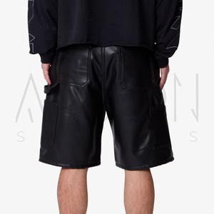 Shorts en cuir baggy de qualité supérieure, couleur noire, avec appliqué croix, style streetwear urbain, nouvelle collection, fournisseur de premier plan, OEM ODM. - Product Image 4
