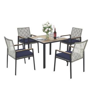 Set da Pranzo da Esterno in Legno di Acacia a 5 Pezzi per Tutte le Stagioni con Foro per Ombrellone, Mobili da Conversazione in Rattan per Bistrot - Product Image 6
