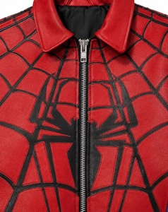 Chaqueta Bomber de PU para Hombre, Diseño de Telaraña Roja y Azul, Cierre de Cremallera, Cuello Camisero, Estilo Casual de Otoño - Product Image 3