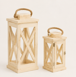 Finest Quality Wooden Candle Lantern Set with <b>Rope</b> Handle - Decorative Farmhouse Floor Lantern for Indoor Outdoor Home Garden - Product Image 2