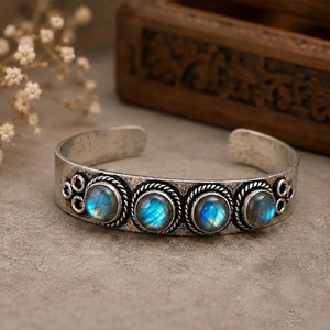 Jewelry Town JT-044 Natural Labradorite Oval Wide <b>Cuff</b> Bangle Gold/<b>Silver</b> Plated Brass Bezel Set Classic Western Style Unisex - Product Image 6