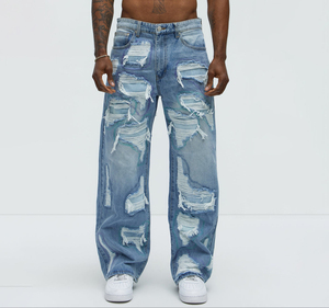 Jeans de Mezclilla Rotos de Pierna Ancha para Hombre, Cintura Alta, Estilo Desgastado, Algodón, Estilo Urbano, Corte Holgado, Estilo Veraniego - Product Image 1