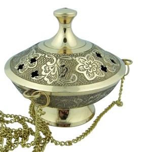 Cadeaux religieux : Porte-encens conique en laiton plaqué or pour jasmin et bois de santal, 3 1/2" de diamètre x 3" de hauteur, avec chaîne de 9 pouces – Décoration maison printemps-été - Product Image 3