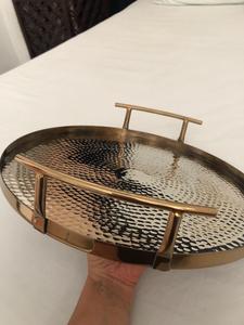 Round Hammered <b>Gold</b> Plated <b>Serving</b> <b>Tray</b> With Handles Home Table Decor Luxury Breakfast Platter Wholesale Low Price Gift <b>Trays</b> - Product Image 3