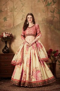Women's Floral Print Organza Chiffon Woven Lehenga Choli Set <b>Sequins</b> Embroidered Ethnic Wedding Outfit Floor-Length - Product Image 5