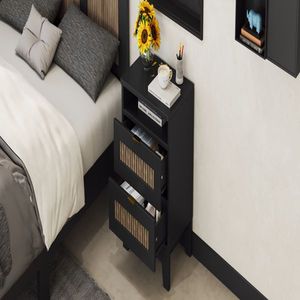 2 Drawer Farmhouse-Style Nightstand Wooden Strip Decorated Wood <b>Side</b> Table with Metal Handle Elegant Nightstand Storage Cabinet - Product Image 2