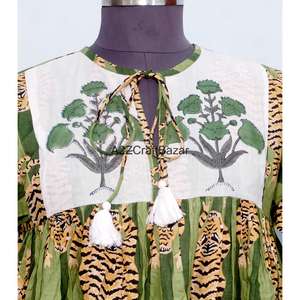 เดรสยาวลำลองสำหรับฤดูร้อน ผ้าฝ้าย 100% ไม่ถักทอ ลายดอกพิมพ์บล็อก แขนยาว เอวธรรมชาติ เป็นมิตรกับสิ่งแวดล้อม ซักได้ - Product Image 3