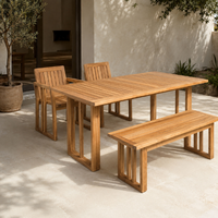 Ensemble de table à manger moderne en teck massif (table, banc, chaises) avec dossier à lattes, pieds robustes, écologique, durable, 4 places