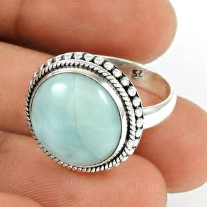 Vente flash - Anneaux tendance en argent sterling 925 avec pierre précieuse Larimar naturelle, coupe ronde vintage, anneaux bohèmes unisexes - Product Image 1