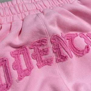 Women's Custom <b>Patch</b> Flock Print Embroidery Washed Cropped Oversized Distressed Acid Wash Cotton Fabric Zip Sweatpants Set - Product Image 3