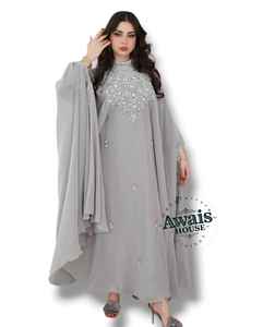 Awais House Women's Grey Beaded Embroidery Polyester Fiber <b>Chiffon</b> Floor-Length Modest Evening Dress V-neck Full Sleeve Natural - Product Image 3