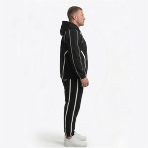 Men’s Black Fleece Tracksuit Custom Logo Hoodie Jogger <b>Set</b> Contrast Stripe Streetwear Two <b>Piece</b> <b>Set</b> - Product Image 4