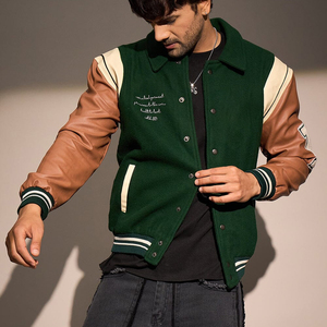 Custom Contrast Color Varsity Style Long Leather Sleeve Button Up <b>Stand</b> For Spring Autumn Outdoor Baseball Varsity Jackets - Product Image 1