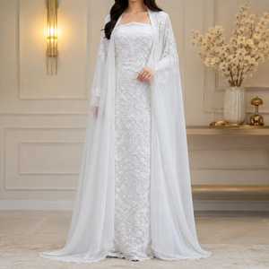 Robe de mariée longue blanche brodée avec cape transparente, élégante, en dentelle de créateur, respirante, de soirée, haut de gamme, modeste - Product Image 1
