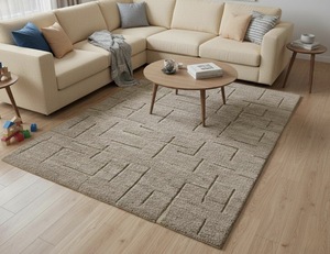 Tapis de salon moderne fait main de style marocain, en laine beige épaisse, à poils ras, tissage plat, géométrique texturé - Product Image 2