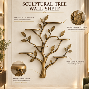Étagère murale antique en forme de branche d'arbre dorée, support de présentation de feuilles botaniques, décoration d'intérieur sculpturale inspirée de la nature, étagère décorative |   Metalmark - Product Image 5