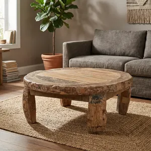 Vintage Rustic Wooden Round Low Height Coffee <b>Table</b> Handcrafted Farmhouse Furniture Living Room Bedroom Dining Home Furniture - Product Image 4