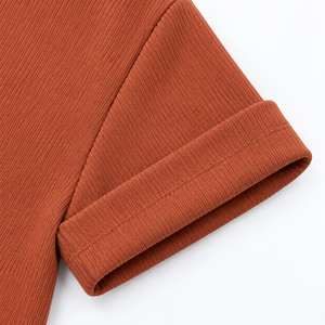 Ensemble de détente côtelé couleur rouille pour femme, T-shirt à manches courtes avec poches et pantalon large à cordon de serrage, tenue décontractée 2 pièces, vente en gros, vêtements OEM - Product Image 4