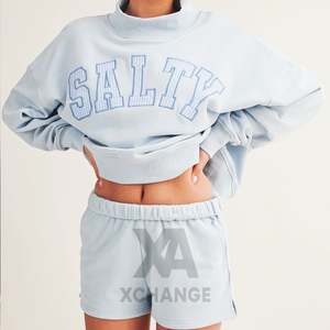 Women's Oversized <b>Light</b> Blue Crew mock neck Sweatshirt With Embroidered Salty <b>Letter</b> Design Drop-Shoulder Full Sleeve Knitted - Product Image 2