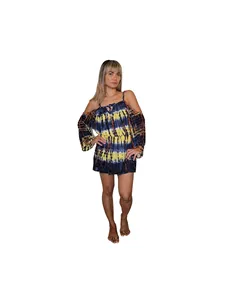 Women Rayon Boho Tie Dye Mini Dress Off Shoulder Long Sleeve Elastic Waist Yellow Blue Casual Beach Wear - Product Image 2