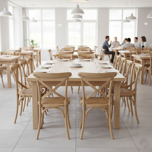 เก้าอี้ทานอาหารไม้สักคุณภาพสูงแบบขายส่ง ดีไซน์พนักพิงไขว้ทันสมัย สามารถวางซ้อนกันได้ เป็นมิตรกับสิ่งแวดล้อม ทนทาน เหมาะสำหรับงานแต่งงานและงานเลี้ยงในห้องจัดเลี้ยง - Product Image 6