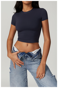 Top Corto de Verano para Mujer, de Buena Calidad, Estilo Jersey, Cuello Redondo, Diseño Minimalista, Estilo Casual Hip Hop, Venta al Por Mayor, 100% Algodón - Product Image 5
