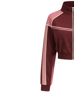 Veste de sport courte pour femme, rose bordeaux, zippée, avec rayures contrastées, pour le fitness et la gym, fabriquée sur mesure. - Product Image 3