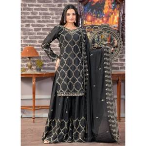 Conjuntos de mujer de diseñador, traje de Chinon Sharara bordado con secuencia de trabajo bordado - Product Image 2