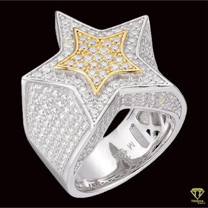 Star <b>Cocktail</b> <b>Ring</b> With Crystal Rhinestones Pave Setting Two Tone White And Yellow <b>Gold</b> Hiphop Style Unisex Jewelry - Product Image 4
