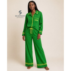 Chi Eta Phi Women's Green Pinstripe Pajama Set Button Front Long Sleeve Sleepwear Contrast Trim Lounge <b>PJs</b> With Drawstring Pants - Product Image 6