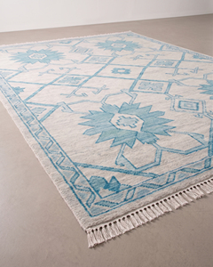 Tapis Oushak Bleu Ivoire à Motifs Géométriques Étoiles et Grille Florale, Tapis à Motifs Diamantés avec Franges, 100% Laine de Nouvelle-Zélande, Lavable, Antidérapant - Product Image 2