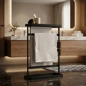 <b>Freestanding</b> Metal Towel Rack with Storage Shelf Modern Bathroom Organizer Stand Dual <b>Bar</b> Holder Space Saving - Product Image 4
