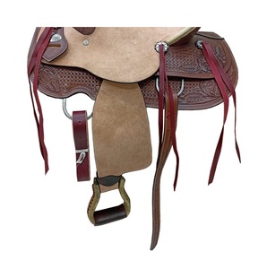 Silla de montar western de cuero rugoso color canela con diseño floral grabado a mano, asiento rígido, correas de latigo y juego de arreos, 10-18 pulgadas - Product Image 2