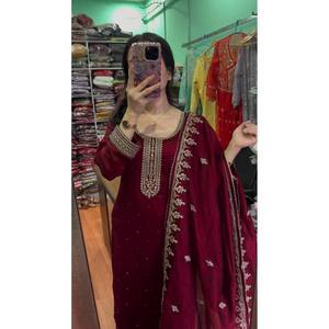 Beautiful Embroidered <b>Top</b>-Bottom and Dupatta Salwar Kameez XL Size Polyester for Weddings - Product Image 1