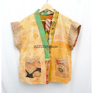 Novedades: Chaqueta Corta Reversible Acolchada Kantha Vintage para Mujer, 100% Algodón, Transpirable, Ecológica, para Todas las Temporadas, con Cierre de Cinturón - Product Image 2