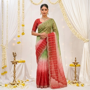 Sari de Seda Ombre Rojo y Verde para Mujer, Traje Tradicional de Boda, Largo hasta el Suelo, Corte Regular, Sin Arrugas, Estilo India-Pakistán - Product Image 1
