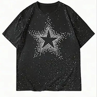 T-shirt Homme Noir Oversize Personnalisé de Qualité Supérieure avec Motif Étoile en Strass, Manches Courtes, Col Rond, Style Urbain, Coupe Jersey