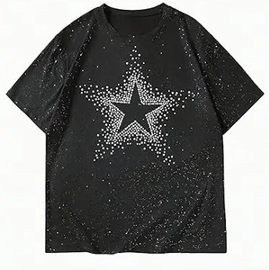 Camiseta Negra Extra Grande Personalizada de Alta Calidad para Hombre con Diseño de Estrella con Pedrería, Manga Corta, Cuello Redondo, Estilo Urbano, Ajuste Jersey - Product Image 1