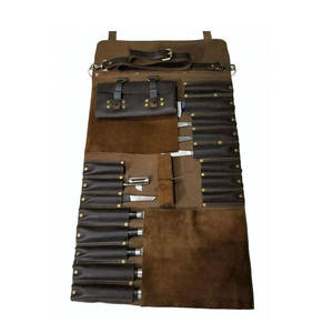 Sac de transport pour couteaux en cuir véritable personnalisable en gros, 15 emplacements, étui pour couteaux de chef avec ceinture détachable |   Porte-rouleau de chef en cuir de vachette - Product Image 2