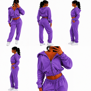 Ensemble sweat à capuche court brodé zippé et pantalon de survêtement long en molleton 100 % coton de couleur unie pour femme - Product Image 6