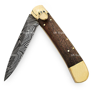 Cuchillo de bolsillo plegable de caza UA Supplies, hecho a mano, de acero de Damasco, con bloqueo de palanca, grado industrial 9, longitud total, detalles en latón - Product Image 3