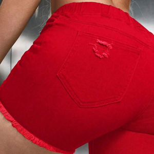 Womens Casual Red Denim Shorts <b>Elastic</b> High <b>Waist</b> Drawstring Ripped Distressed Raw Hem Short Streetwear Fashion Everyday <b>Jeans</b> - Product Image 4