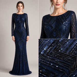 Robe de soirée sirène bleu marine de luxe, à sequins |   Robe de soirée formelle à manches longues |   Vêtements élégants pour femmes, conçus par des designers, OEM Inde 2026. - Product Image 6