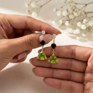 Designer Peridot Trillion Cut & Black Obsidian Drop <b>Earrings</b> With CZ Accent Minimalist Gemstone <b>Stud</b> Dangle <b>Earrings</b> Handmade - Product Image 6