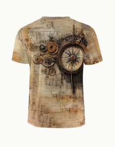 T-shirt à manches courtes pour homme, style vintage steampunk, imprimé boussole et carte, coupe classique, col rond, t-shirt graphique, tissu doux, à porter au quotidien - Product Image 1