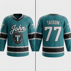 Maillot de hockey sur glace pour homme, qualité supérieure, 220 GSM, polyester respirant, design à panneaux rayés bleu sarcelle, noir et blanc, logo, nom et numéro personnalisables - Product Image 1